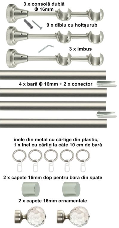 Galerie metalica Cristal dubla 16 mm, satin nichel (argintiu mat) - imagine 6