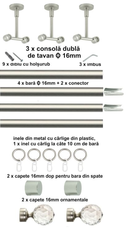 Galerie metalica Cristal dubla de tavan 16 mm, satin nichel (argintiu mat) - imagine 6