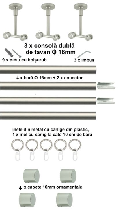 Galerie metalica Luna dubla de tavan 16 mm, satin nichel (argintiu mat) - imagine 7