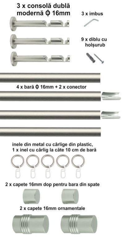 Galerie metalica Celtex dubla moderna 16 mm, satin nichel (argintiu mat) - imagine 6
