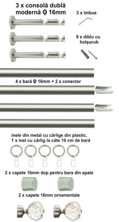 Galerie metalica Cristal dubla moderna 16 mm, satin nichel (argintiu mat) - imagine 6