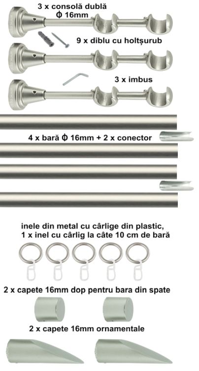 Galerie metalica Alexia dubla 16 mm, satin nichel (argintiu mat) - imagine 6