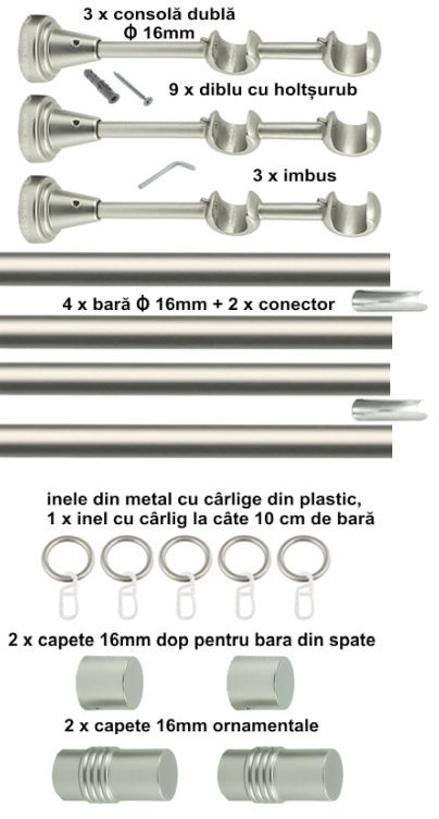 Galerie metalica Celtex dubla 16 mm, satin nichel (argintiu mat) - imagine 6