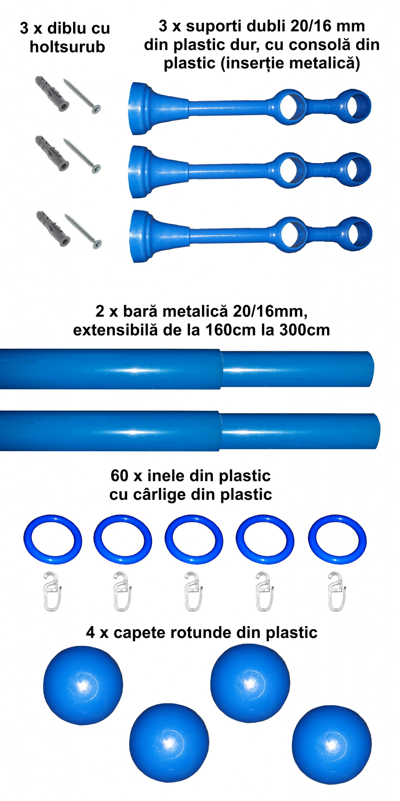 Set galerie dubla Estetique copii, 20/16mm, extensibil 160-300cm, albastru - imagine 2
