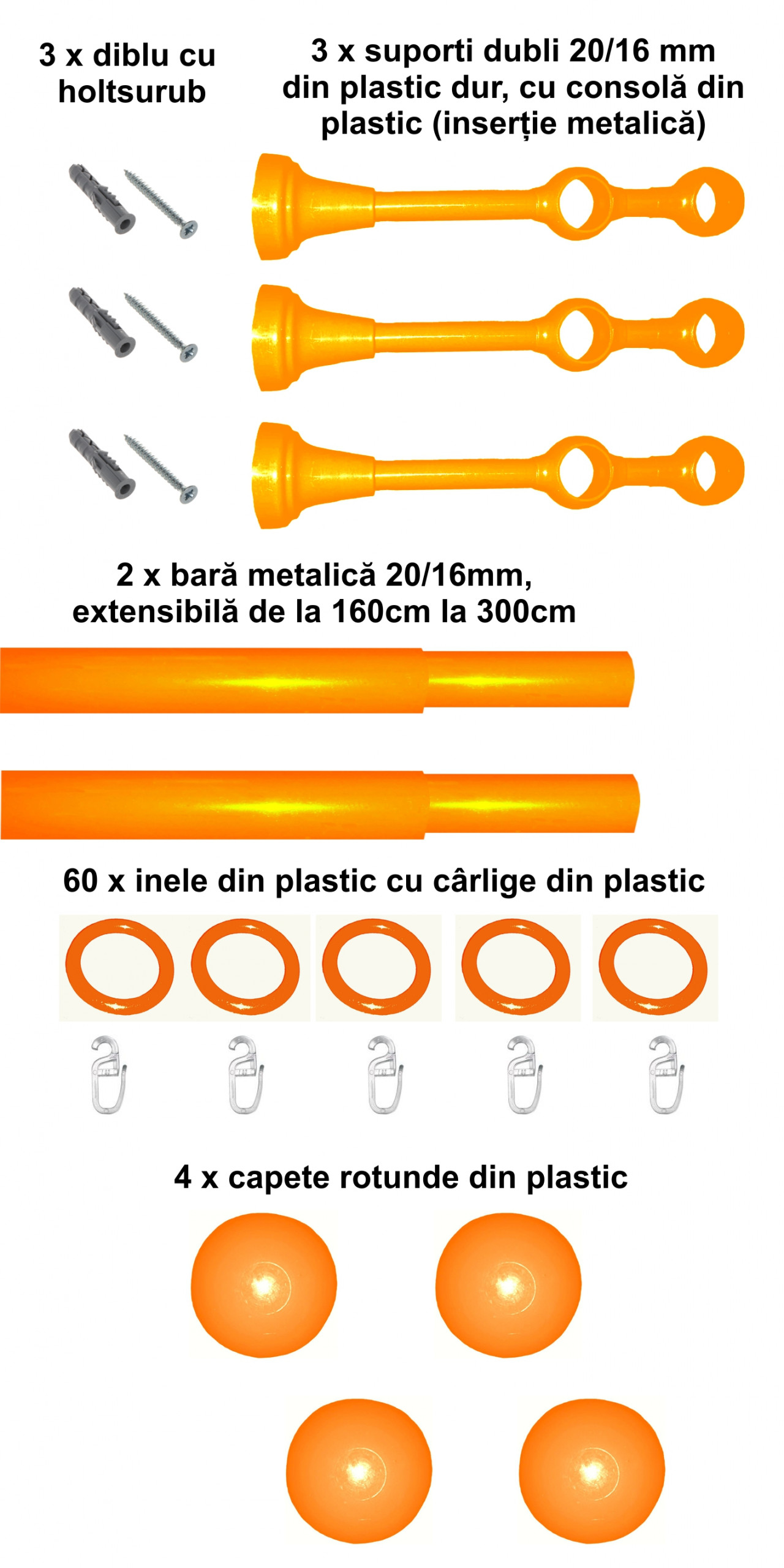 Set galerie dubla Estetique copii, 20/16mm, extensibil 160-300cm, portocaliu - imagine 2