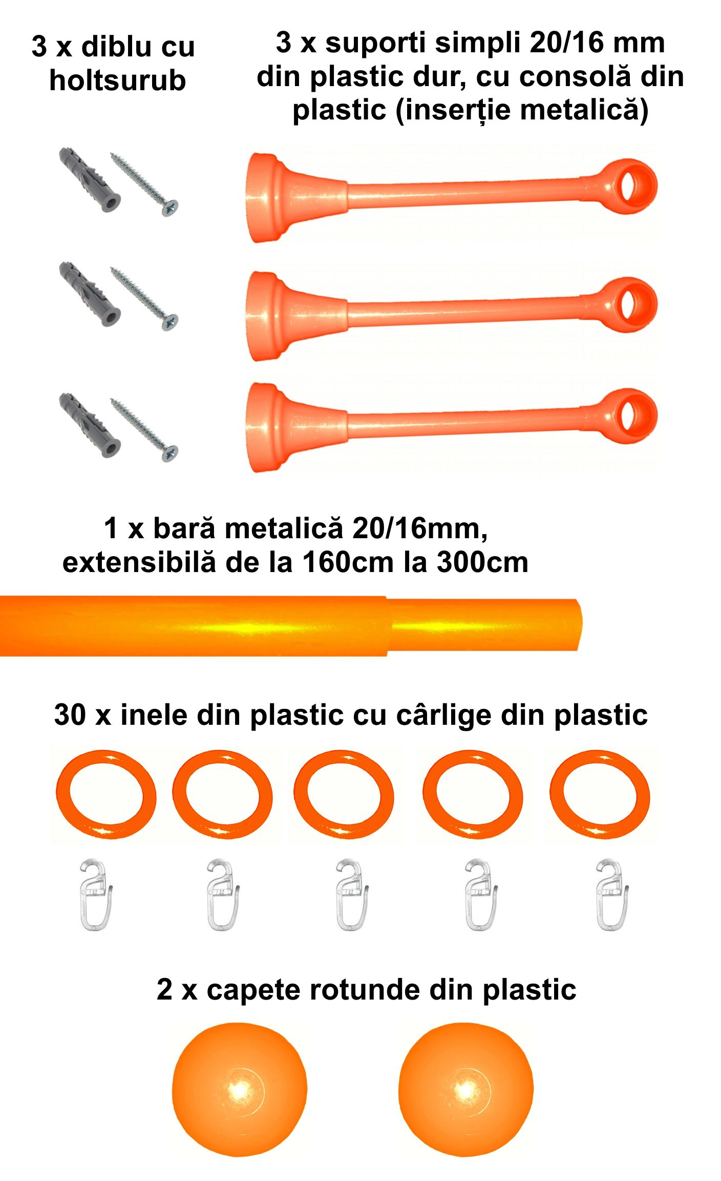 Set galerie simpla Estetique copii, 20/16mm, extensibil 160-300cm, portocaliu - imagine 2