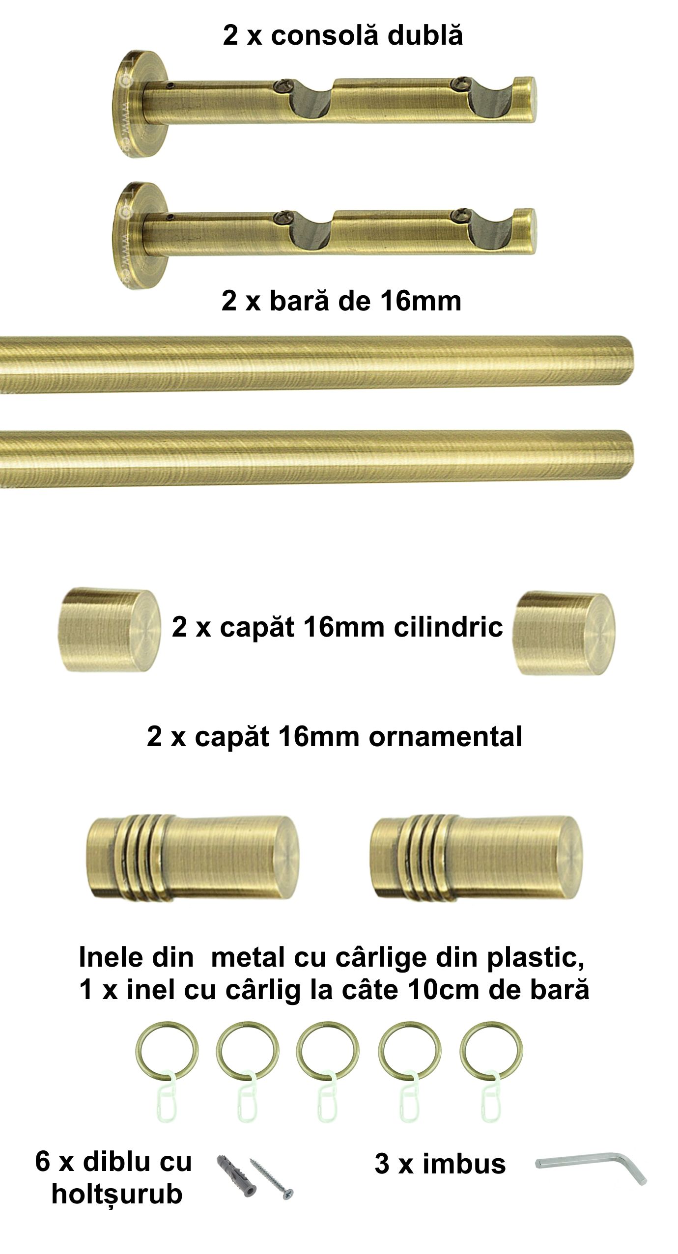 Galerie metalica Celtex dubla moderna 16 mm, antique brass (auriu antic) - imagine 2