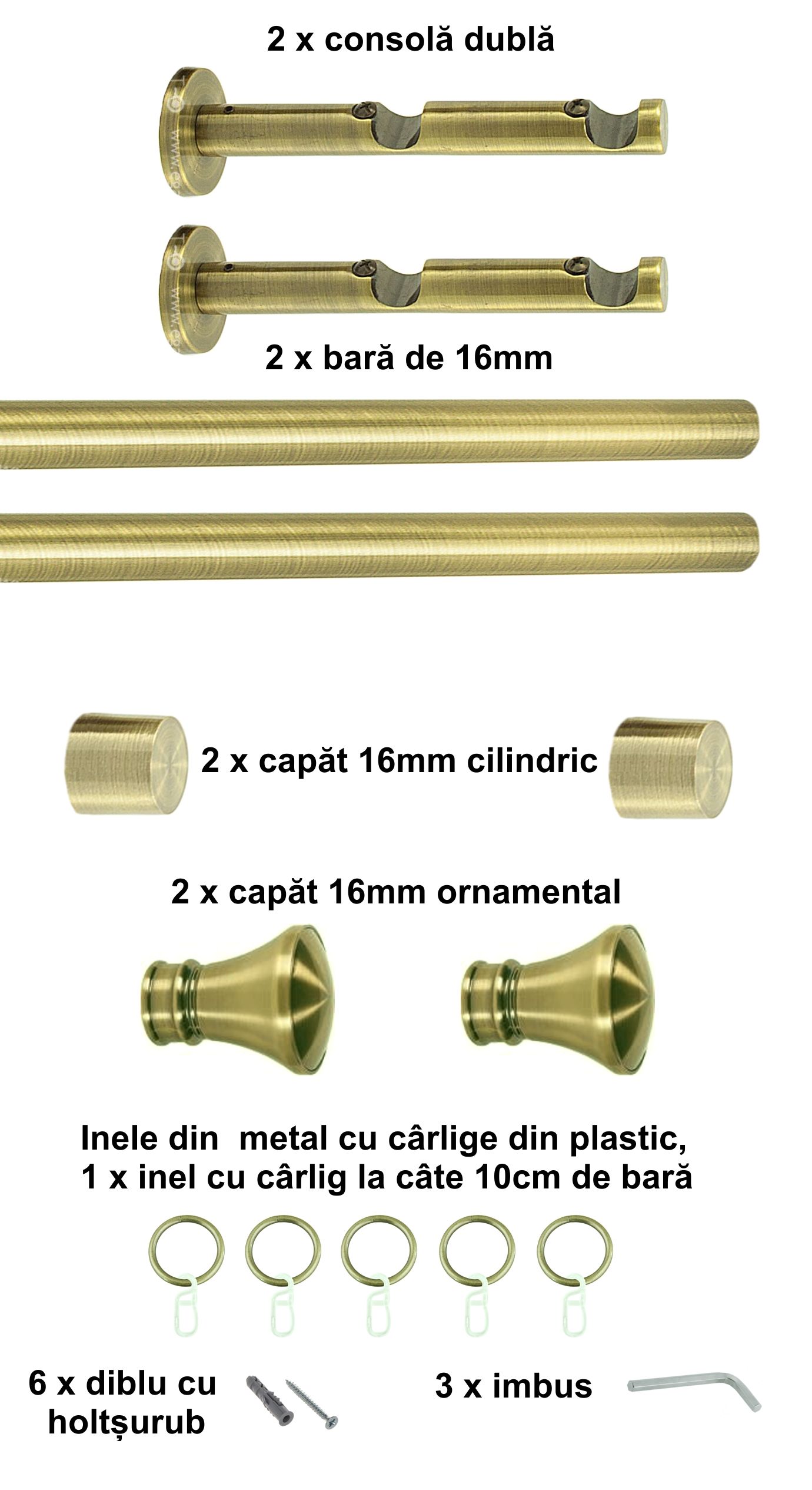 Galerie metalica Conic dubla moderna 16 mm, antique brass (auriu antic) - imagine 2