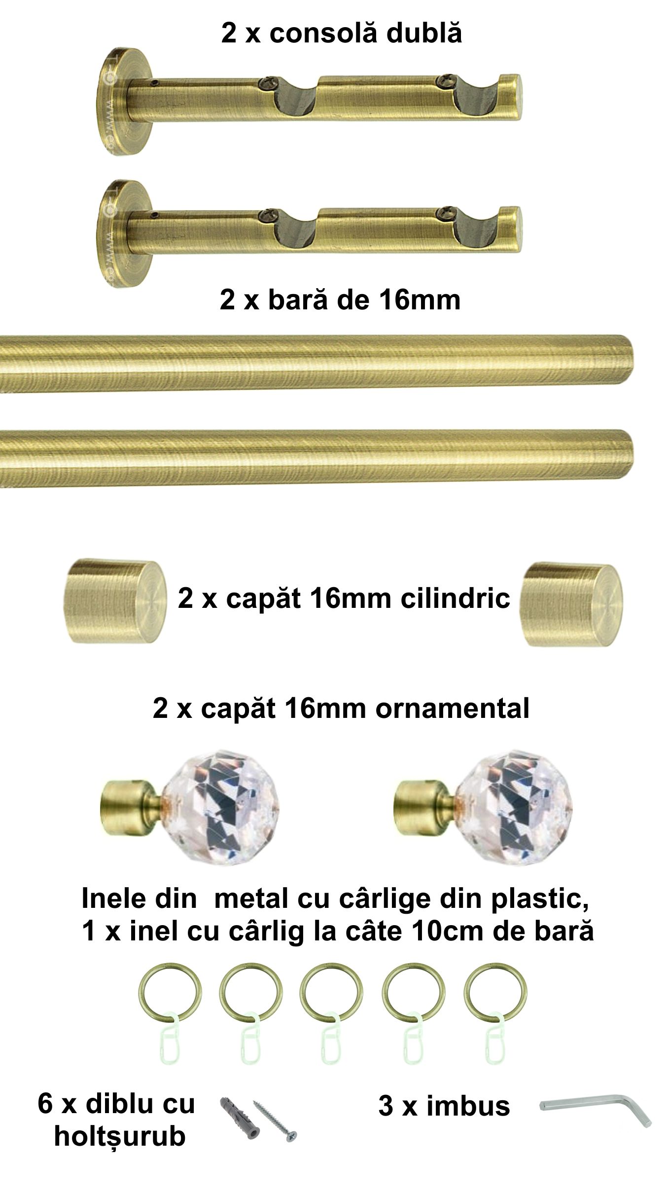Galerie metalica Cristal dubla moderna 16 mm, antique brass (auriu antic) - imagine 2