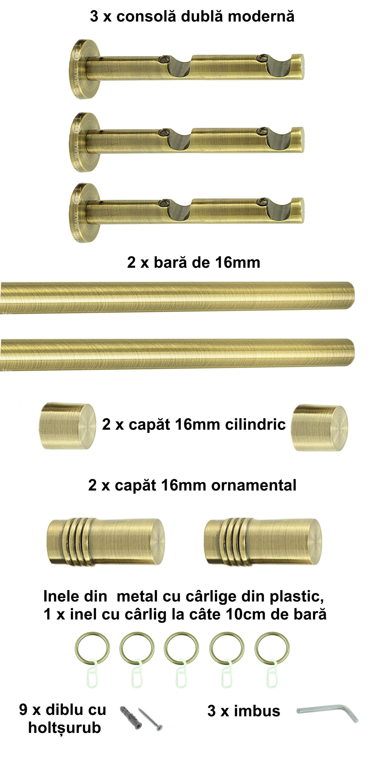 Galerie metalica Celtex dubla moderna 16 mm, antique brass (auriu antic) - imagine 5