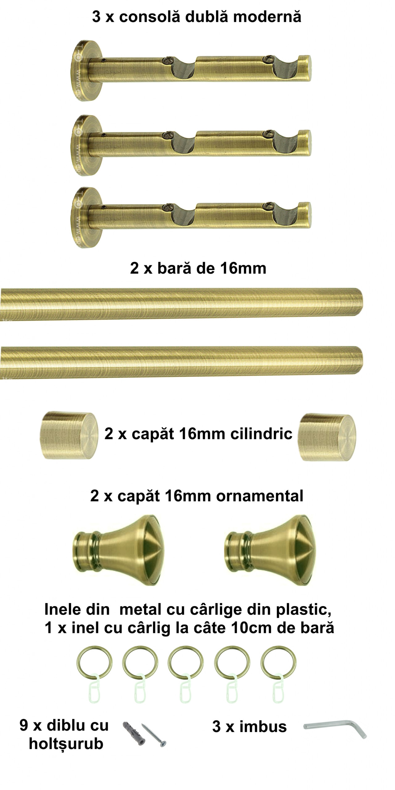 Galerie metalica Conic dubla moderna 16 mm, antique brass (auriu antic) - imagine 5