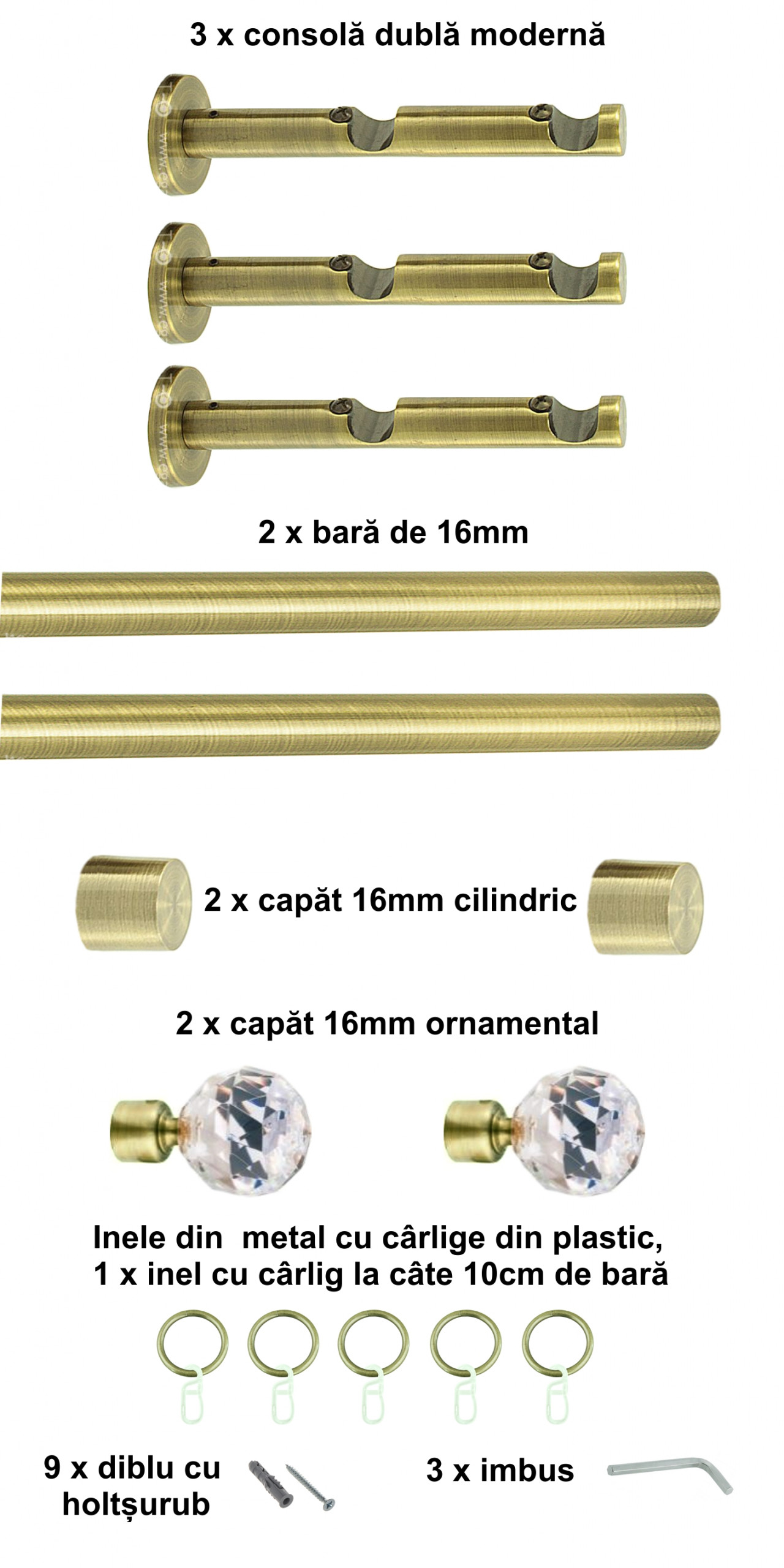 Galerie metalica Cristal dubla moderna 16 mm, antique brass (auriu antic) - imagine 5