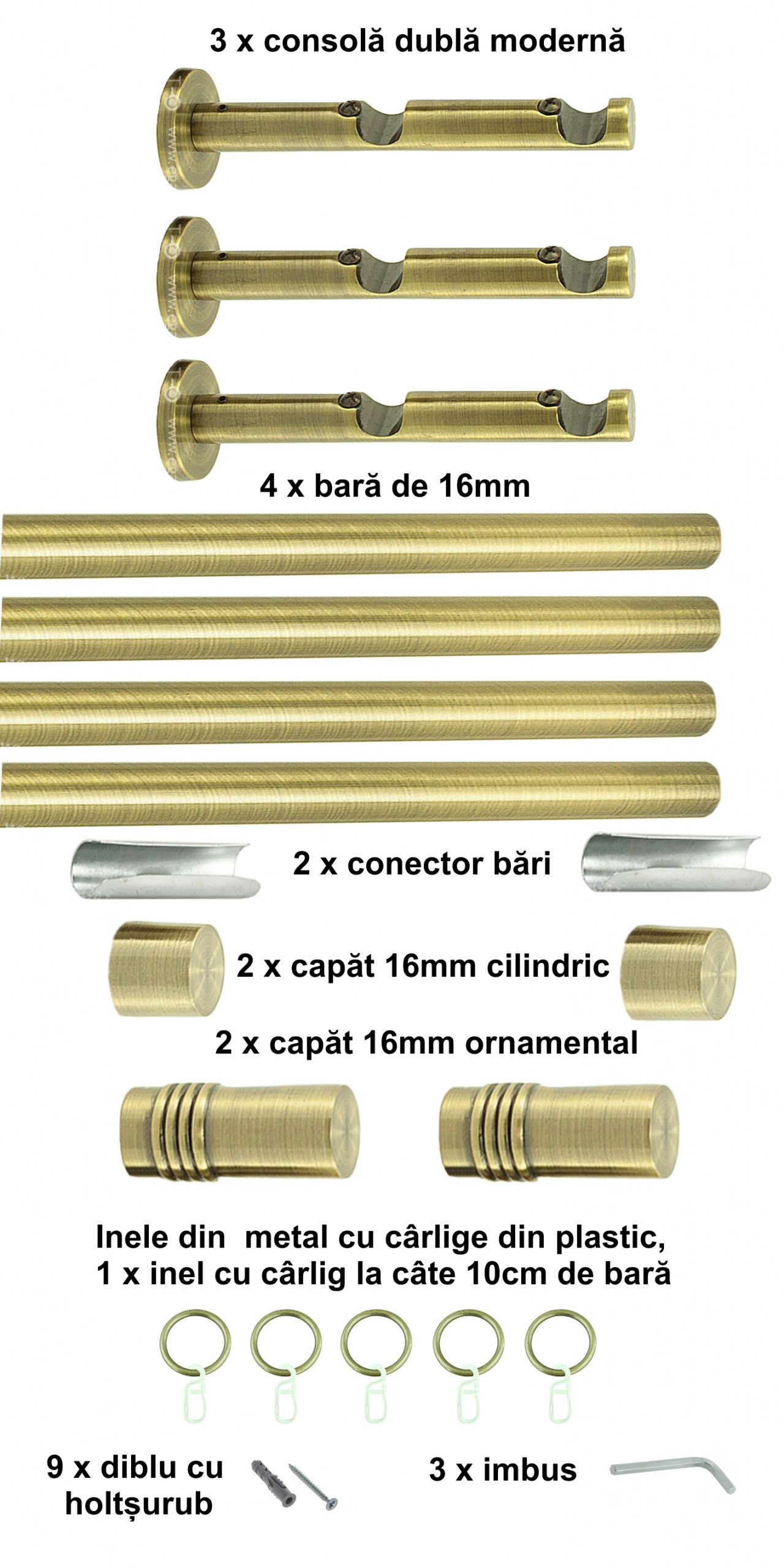 Galerie metalica Celtex dubla moderna 16 mm, antique brass (auriu antic) - imagine 6