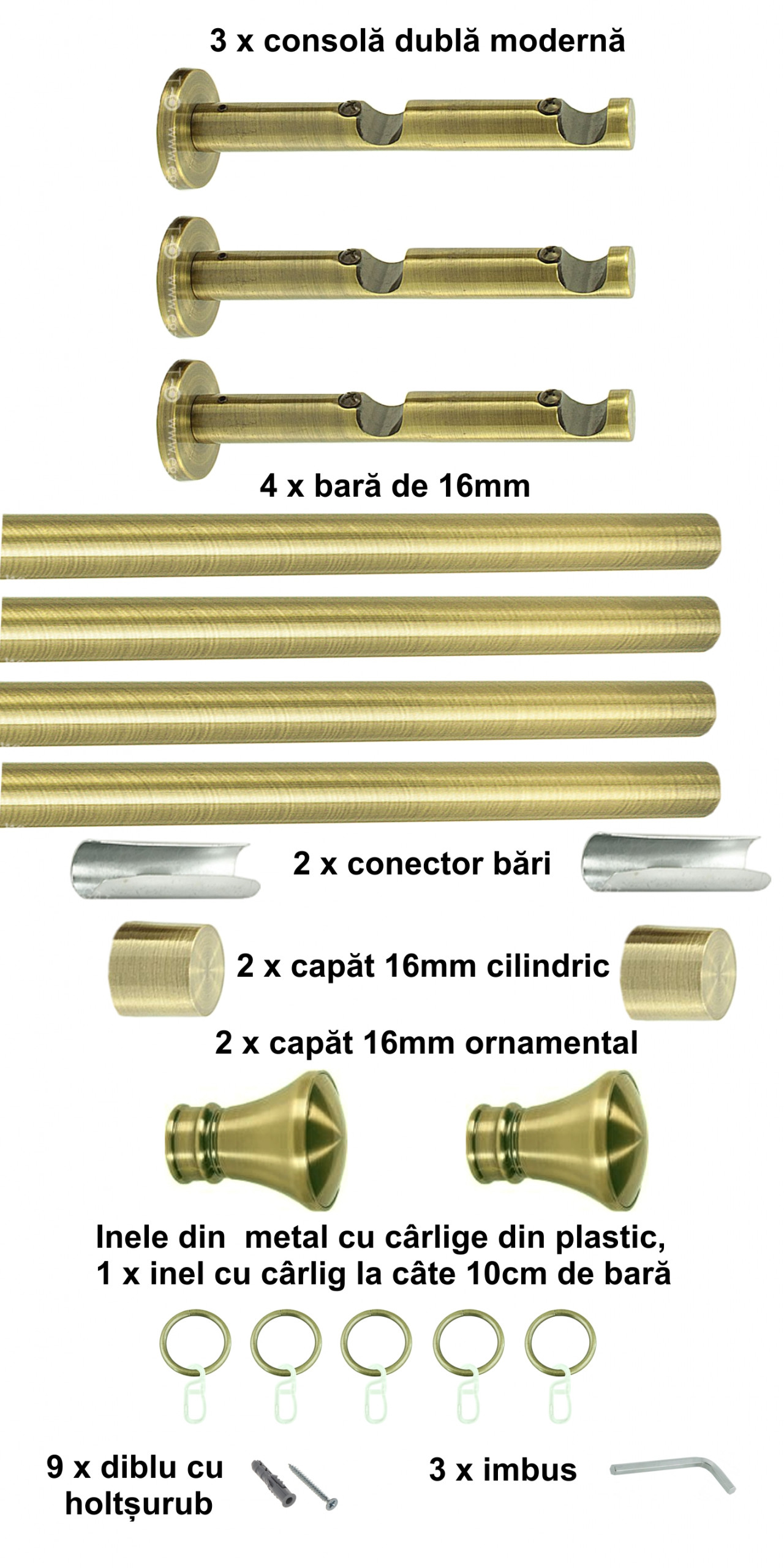 Galerie metalica Conic dubla moderna 16 mm, antique brass (auriu antic) - imagine 6
