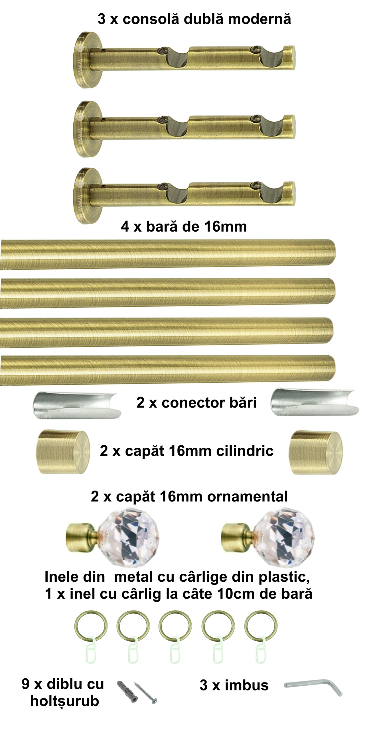 Galerie metalica Cristal dubla moderna 16 mm, antique brass (auriu antic) - imagine 6