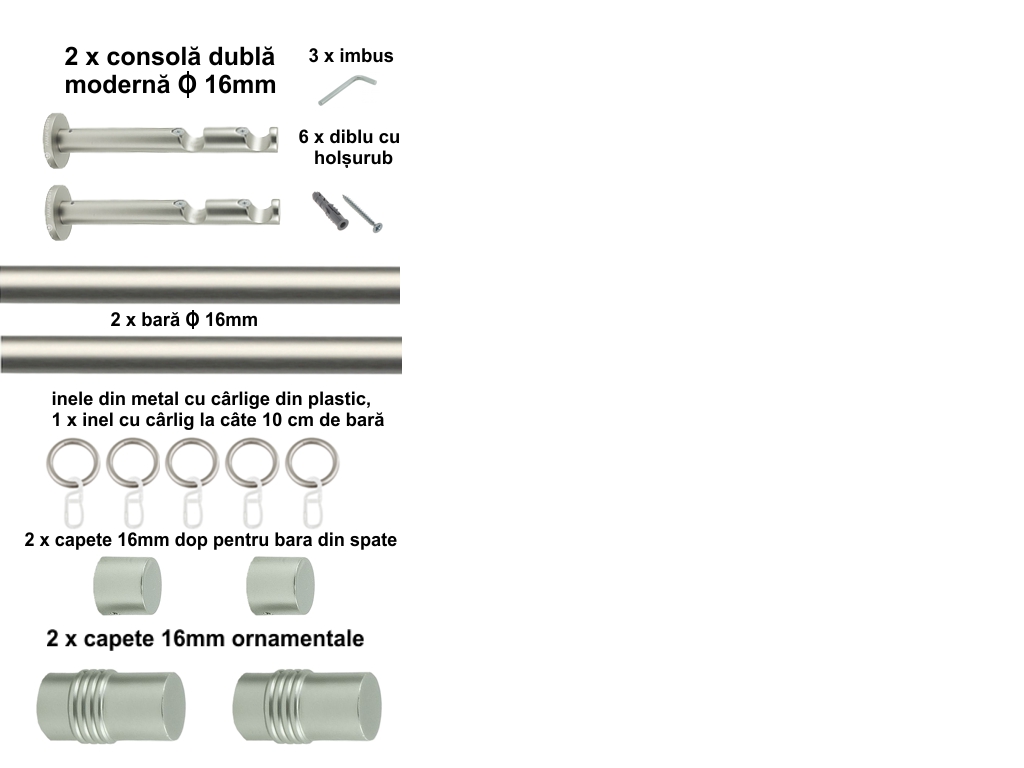 Galerie metalica Celtex dubla moderna 16 mm, satin nichel (argintiu mat) - imagine 2