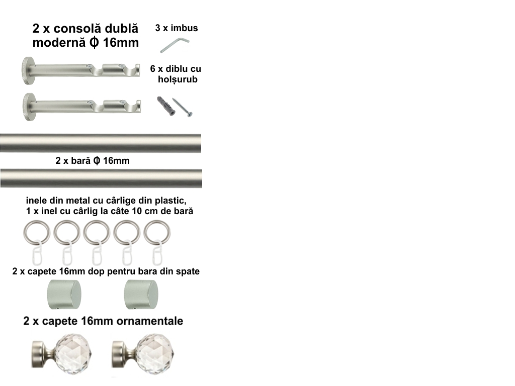 Galerie metalica Cristal dubla moderna 16 mm, satin nichel (argintiu mat) - imagine 2