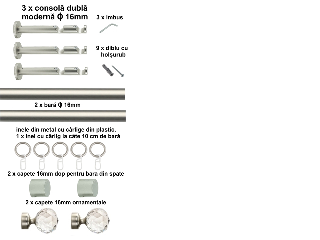 Galerie metalica Cristal dubla moderna 16 mm, satin nichel (argintiu mat) - imagine 5