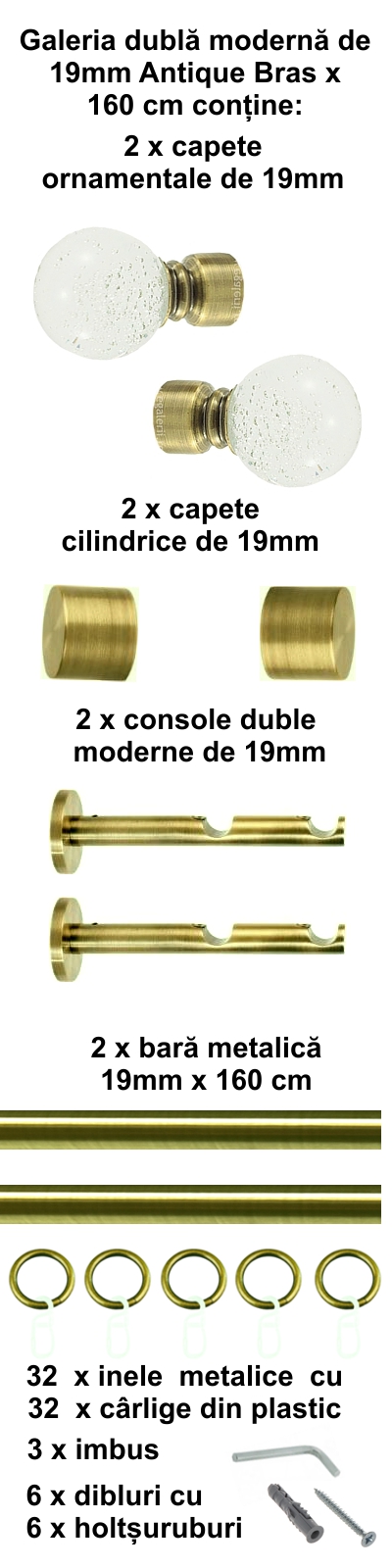 Galerie metalica Buble dubla moderna 19 mm, antique brass (auriu antic) - imagine 2