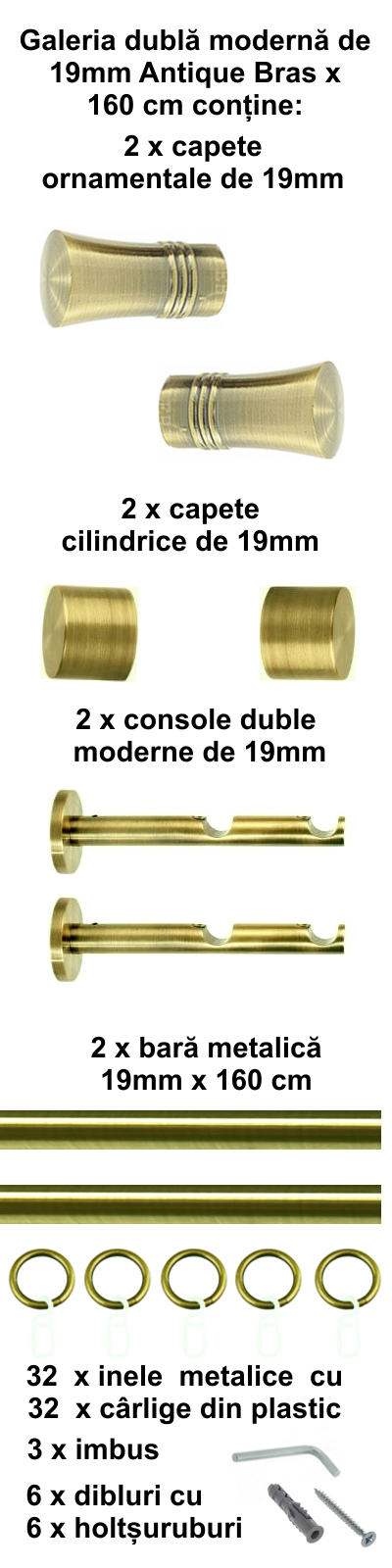 Galerie metalica Capri dubla moderna 19 mm, antique brass (auriu antic) - imagine 2