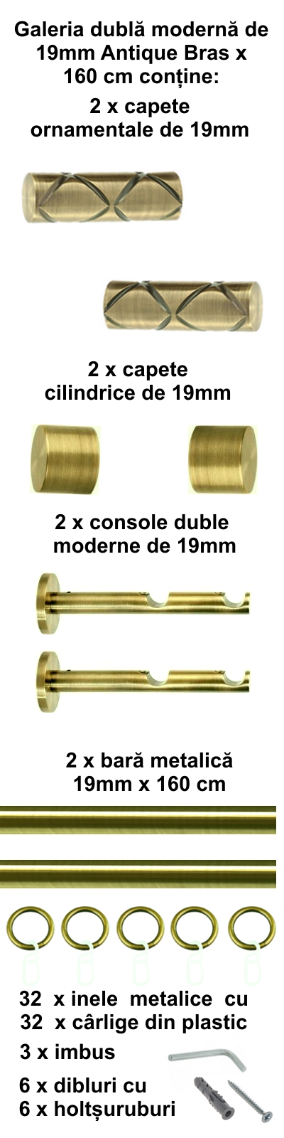 Galerie metalica Ciel dubla moderna 19 mm, antique brass (auriu antic) - imagine 2