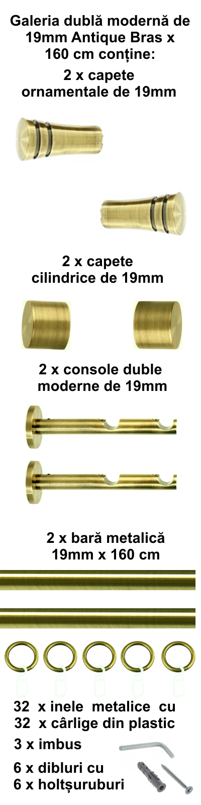 Galerie metalica Paola dubla moderna 19 mm, antique brass (auriu antic) - imagine 2