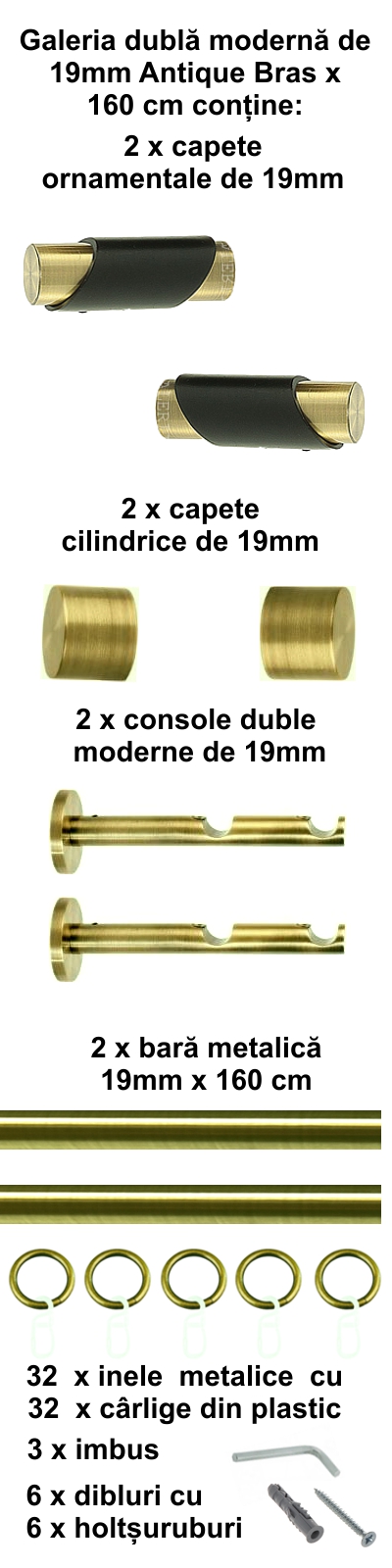 Galerie metalica Paris dubla moderna 19 mm, antique brass (auriu antic) - imagine 2