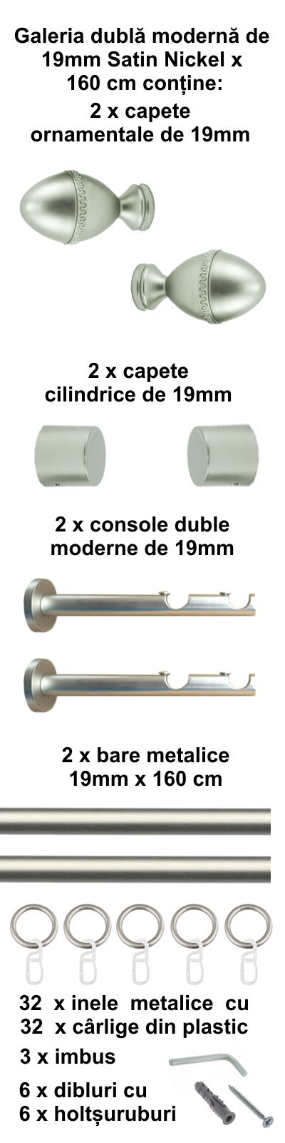 Galerie metalica Cezar dubla moderna 19 mm, satin nichel (argintiu mat) - imagine 2