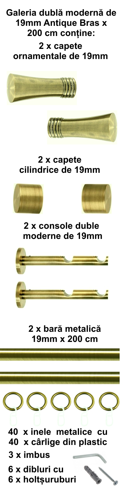 Galerie metalica Ahile dubla moderna 19 mm, antique brass (auriu antic) - imagine 3