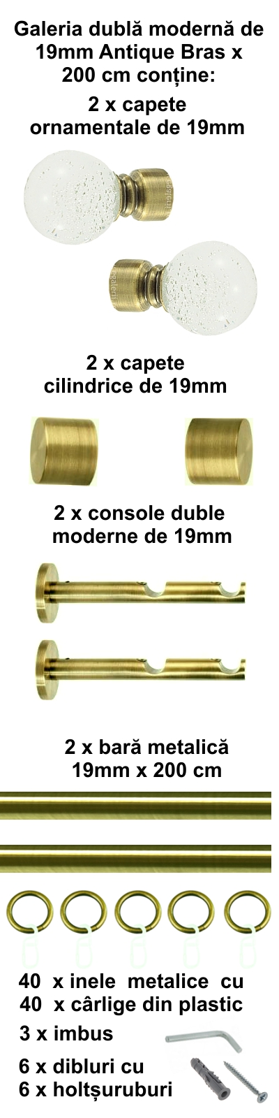 Galerie metalica Buble dubla moderna 19 mm, antique brass (auriu antic) - imagine 3