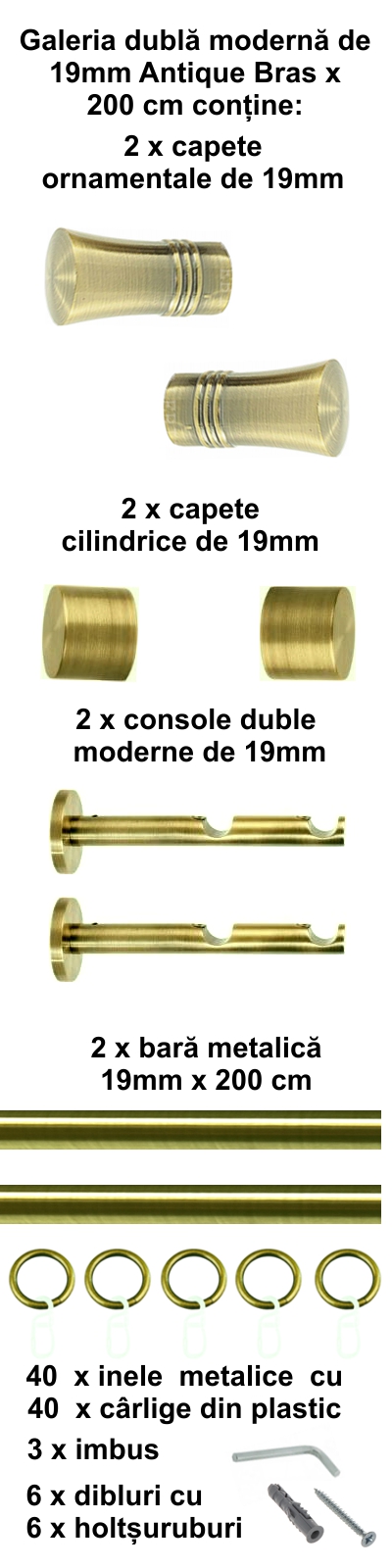 Galerie metalica Capri dubla moderna 19 mm, antique brass (auriu antic) - imagine 3