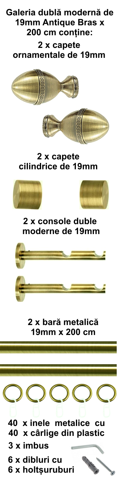 Galerie metalica Cezar dubla moderna 19 mm, antique brass (auriu antic) - imagine 3