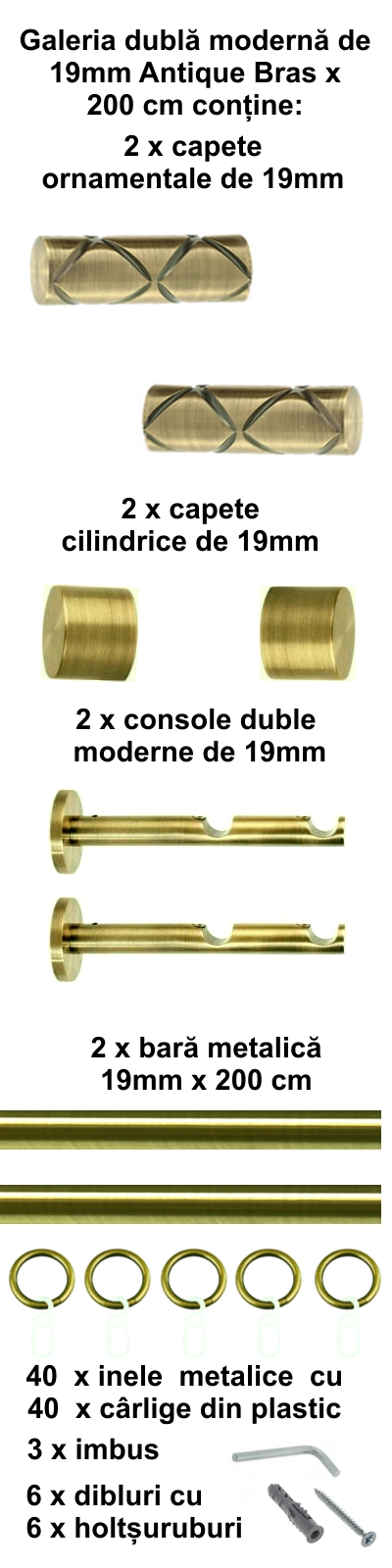 Galerie metalica Ciel dubla moderna 19 mm, antique brass (auriu antic) - imagine 3