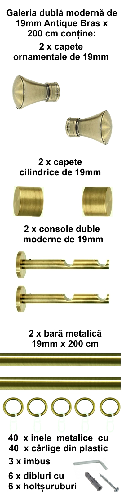 Galerie metalica Conic dubla moderna 19 mm, antique brass (auriu antic) - imagine 3