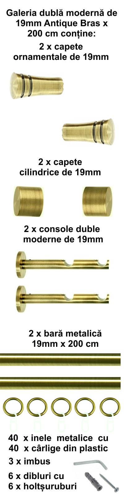Galerie metalica Paola dubla moderna 19 mm, antique brass (auriu antic) - imagine 3