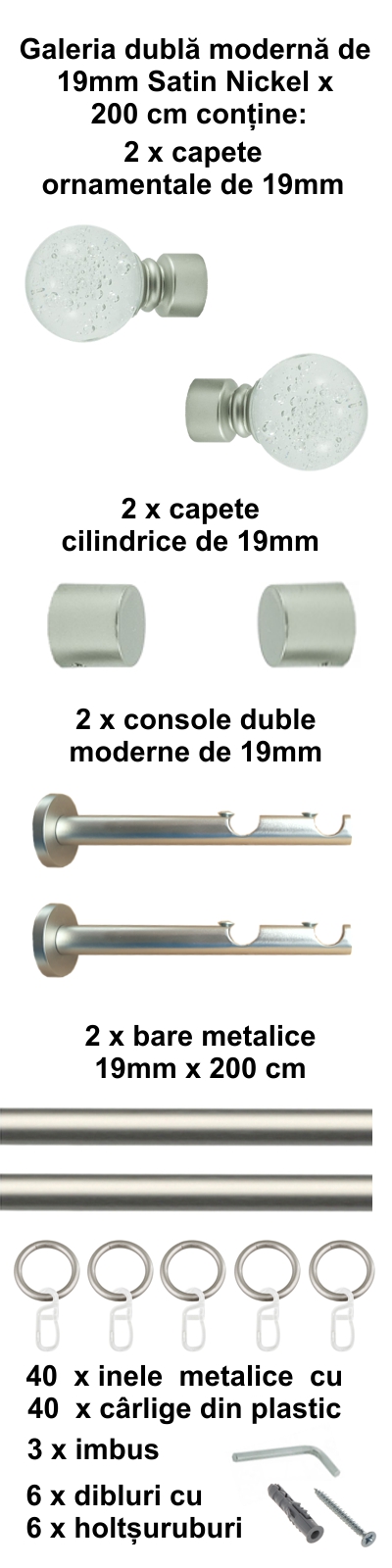 Galerie metalica Buble dubla moderna 19 mm, satin nichel (argintiu mat) - imagine 4