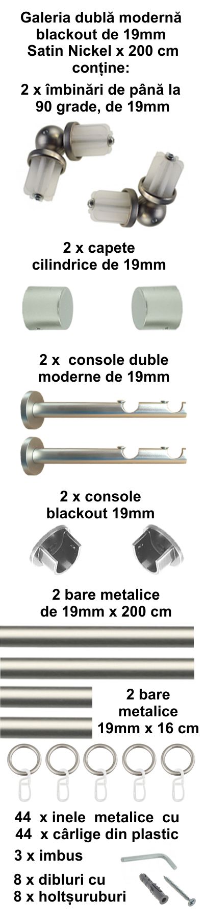 Galerie metalica Blackout dubla moderna 19 mm, satin nickel (argintiu mat) - imagine 4