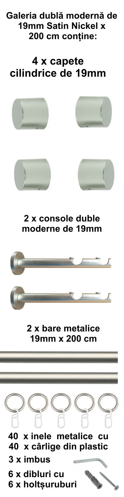 Galerie metalica Luna dubla moderna 19 mm, satin nichel (argintiu mat) - imagine 4