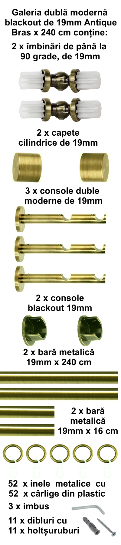 Galerie metalica Blackout dubla moderna 19 mm, antique brass (auriu antic) - imagine 4