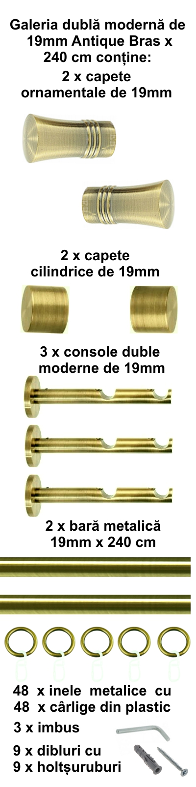 Galerie metalica Capri dubla moderna 19 mm, antique brass (auriu antic) - imagine 4