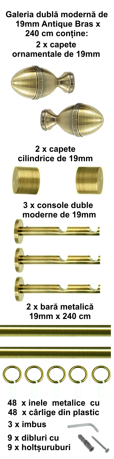 Galerie metalica Cezar dubla moderna 19 mm, antique brass (auriu antic) - imagine 4