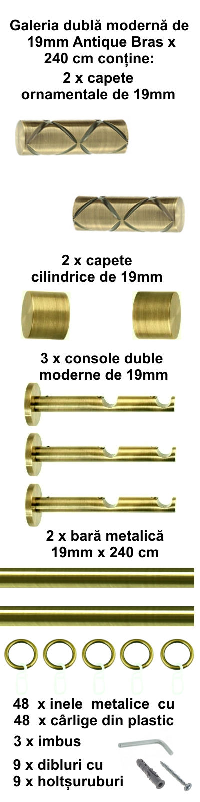 Galerie metalica Ciel dubla moderna 19 mm, antique brass (auriu antic) - imagine 4