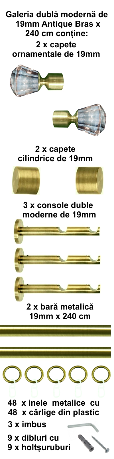 Galerie metalica Cristal dubla moderna 19 mm, antique brass (auriu antic) - imagine 4