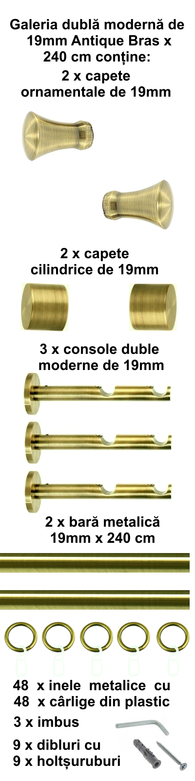 Galerie metalica Monaco dubla moderna 19 mm, antique brass (auriu antic) - imagine 4