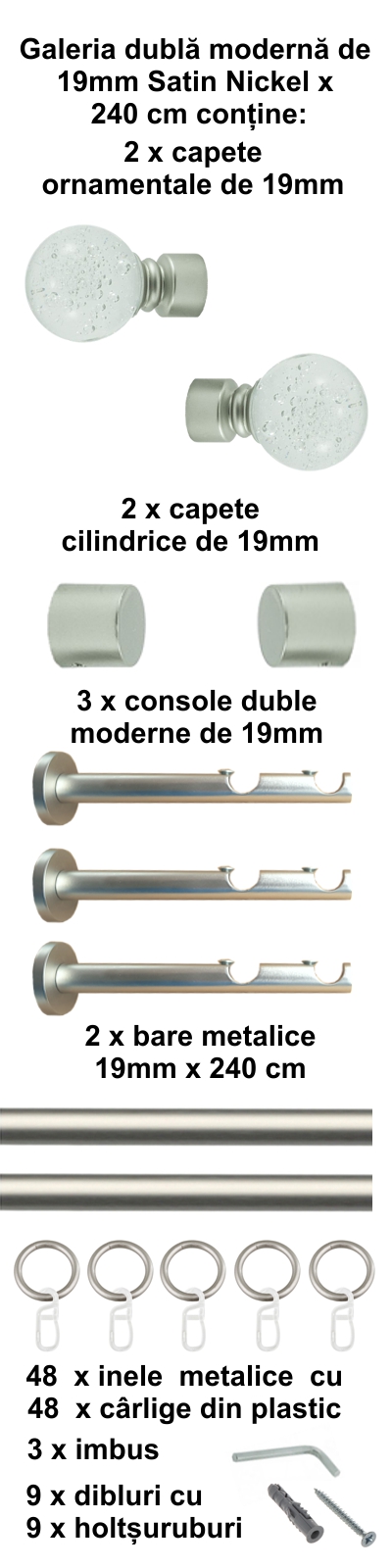 Galerie metalica Buble dubla moderna 19 mm, satin nichel (argintiu mat) - imagine 5