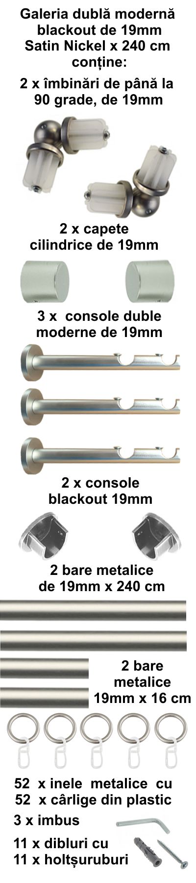Galerie metalica Blackout dubla moderna 19 mm, satin nickel (argintiu mat) - imagine 6