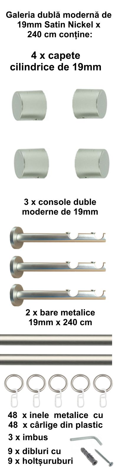 Galerie metalica Luna dubla moderna 19 mm, satin nichel (argintiu mat) - imagine 5