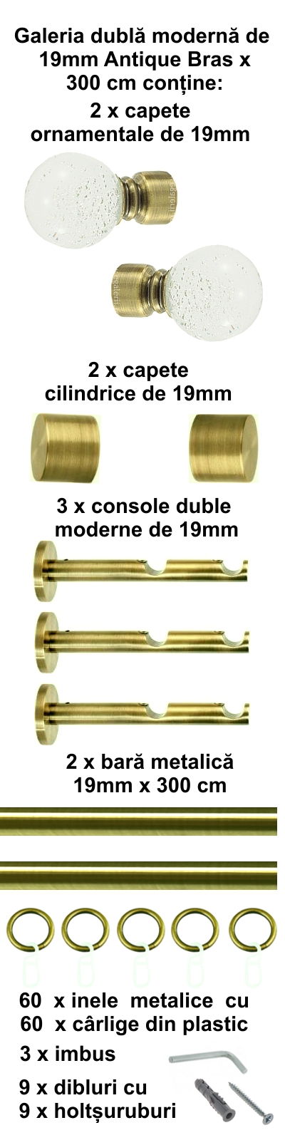 Galerie metalica Buble dubla moderna 19 mm, antique brass (auriu antic) - imagine 5