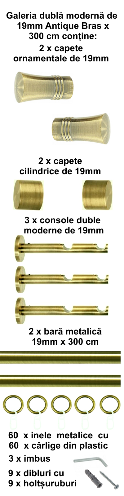 Galerie metalica Capri dubla moderna 19 mm, antique brass (auriu antic) - imagine 5