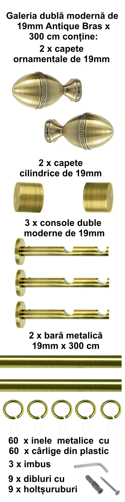 Galerie metalica Cezar dubla moderna 19 mm, antique brass (auriu antic) - imagine 5